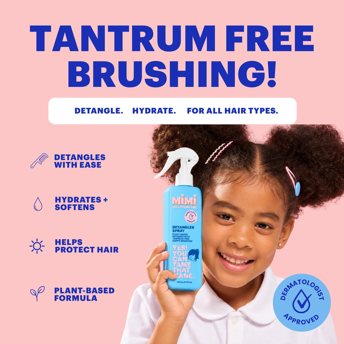 Young girl holding MIMI Kids Detangler Spray with benefits including easy detangling, hydration, softer hair and a plant-based formula.