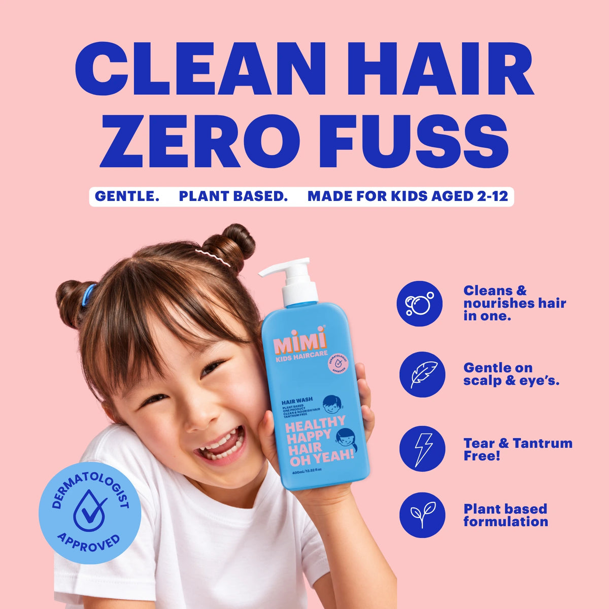 Smiling child holding MIMI Kids Hair Wash, a gentle, plant-based shampoo for children aged 2–12, with dermatologist-approved formula.