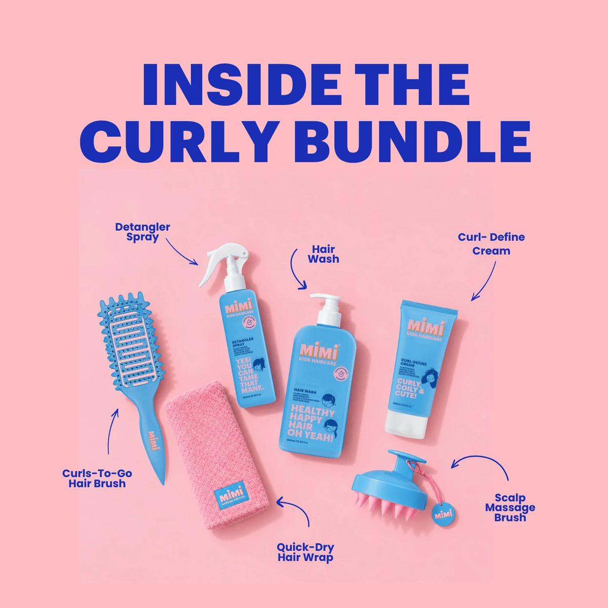 MIMI Curly Bundle displayed on a pink background, featuring Hair Wash, Detangler Spray, Curl Define Cream, Curls-To-Go Hair Brush, Scalp Massage Brush and Quick-Dry Hair Wrap.