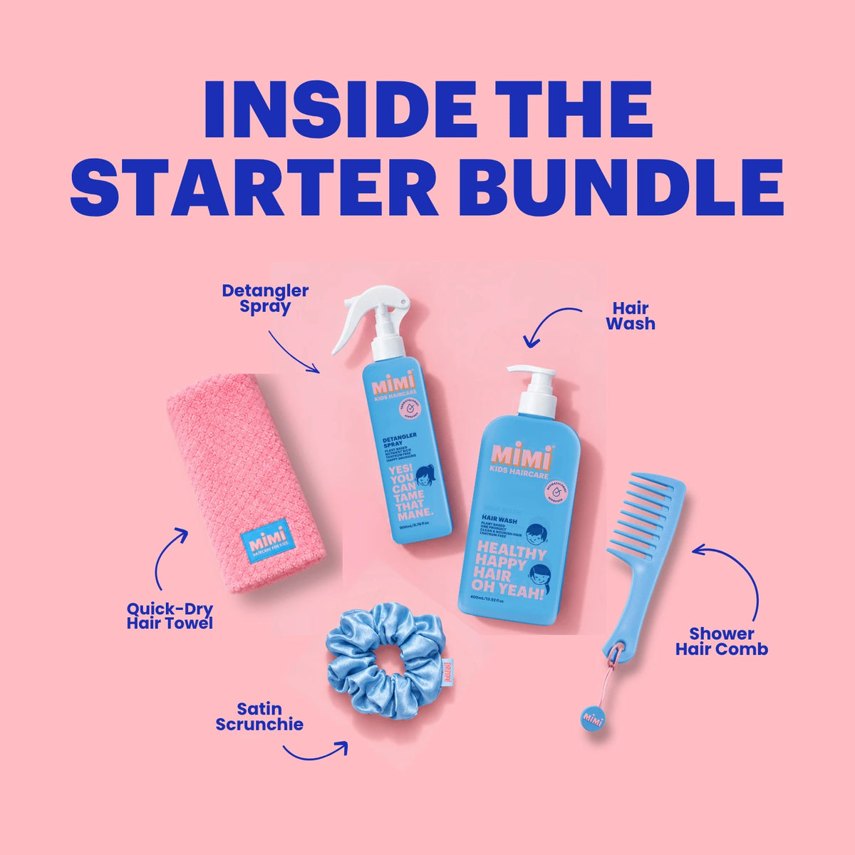 A pink promotional graphic showing the contents of a haircare starter bundle, with labeled items including a pink quick-dry hair towel, blue detangler spray bottle, blue hair wash bottle, blue shower hair comb, and blue satin scrunchie, under the heading 'INSIDE THE STARTER BUNDLE'.