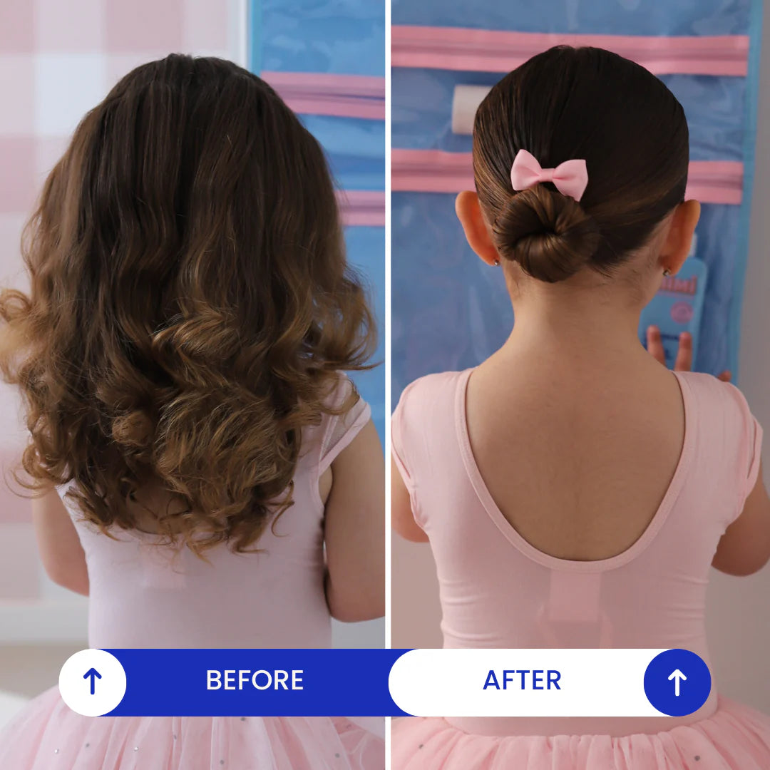 Before and after comparison of a child's hair styled in loose curls and a bun with a pink bow.