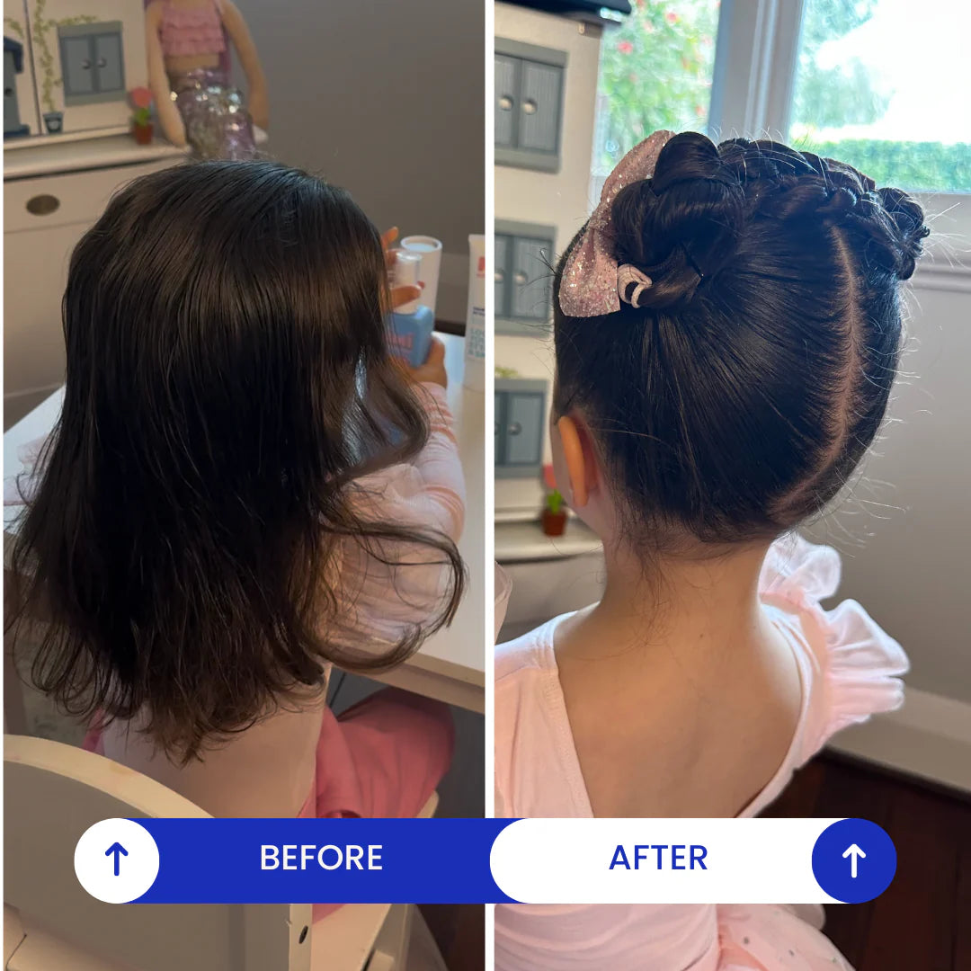 Before and after comparison of a child's hair styled.