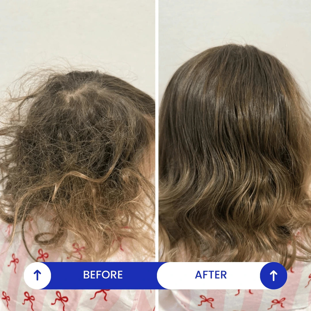 Before and after comparison of a person's hair, showing frizzy, dry, and tangled hair on the left, and smooth, shiny, and wavy hair on the right.