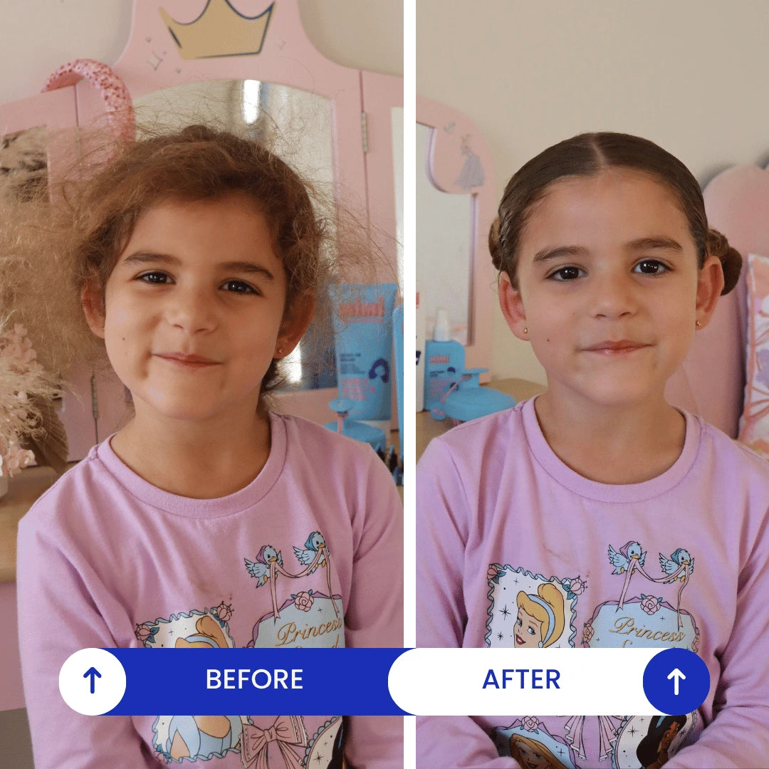 A side-by-side before and after comparison of a young girl's hair, showing frizzy, unruly hair on the left labeled 'BEFORE' and smooth, styled hair on the right labeled 'AFTER'. The girl is wearing a light purple princess-themed t-shirt in a pink children's room.