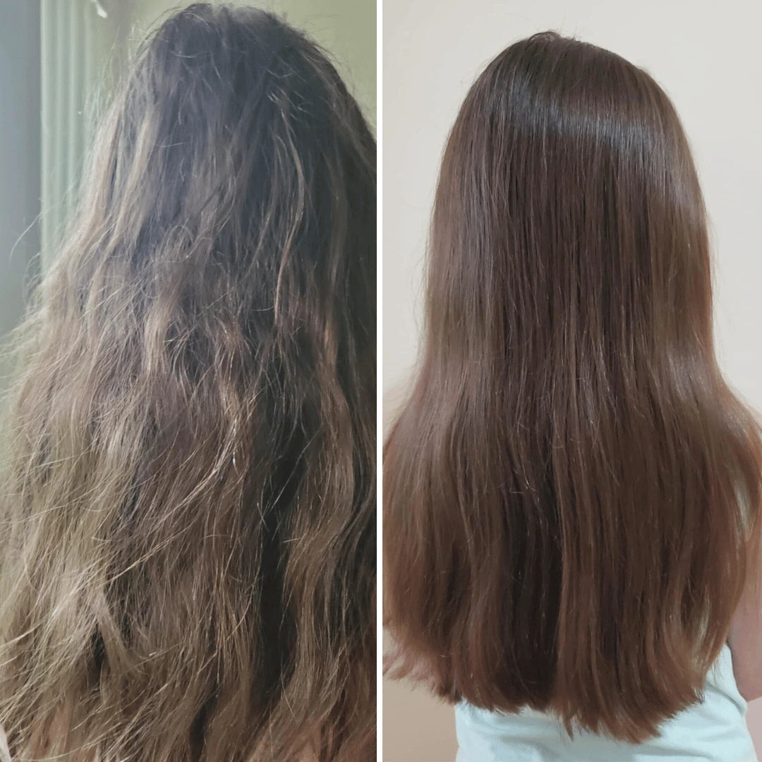 A side-by-side comparison of a person's long brown hair, showing frizzy, dry, and damaged hair on the left, and smooth, shiny, and well-defined hair on the right.