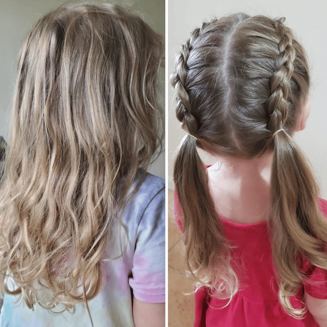 A split-screen comparison of a child's hair, showing long wavy blonde hair on the left and a styled version on the right with two braided half-up styles and two long pigtails.