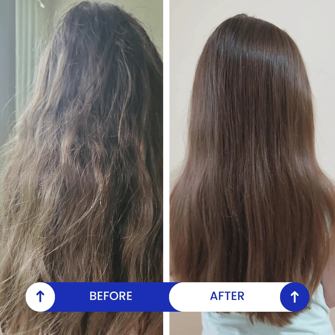Before and after comparison of hair treatment showing a person with frizzy hair on the left and smooth, styled hair on the right.