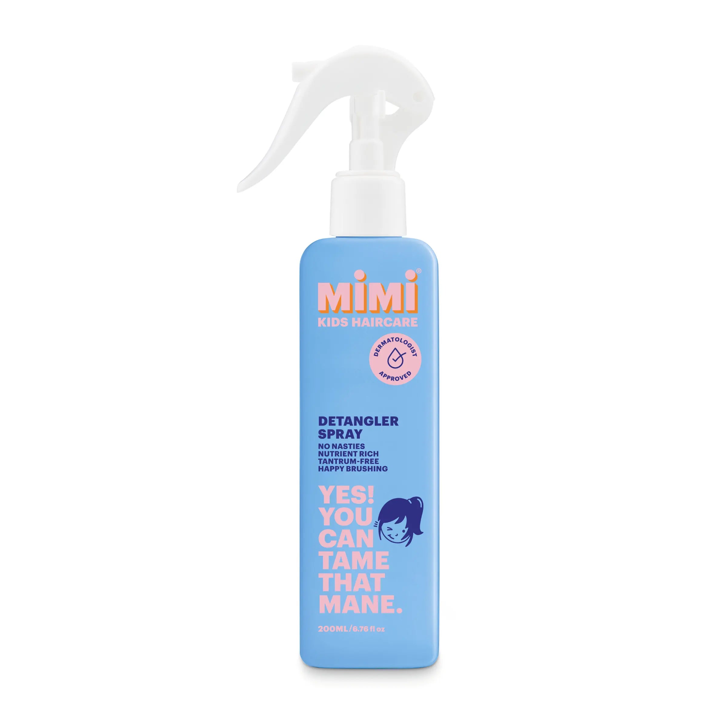 Blue detangler spray bottle with 'Mimi' branding on a white background