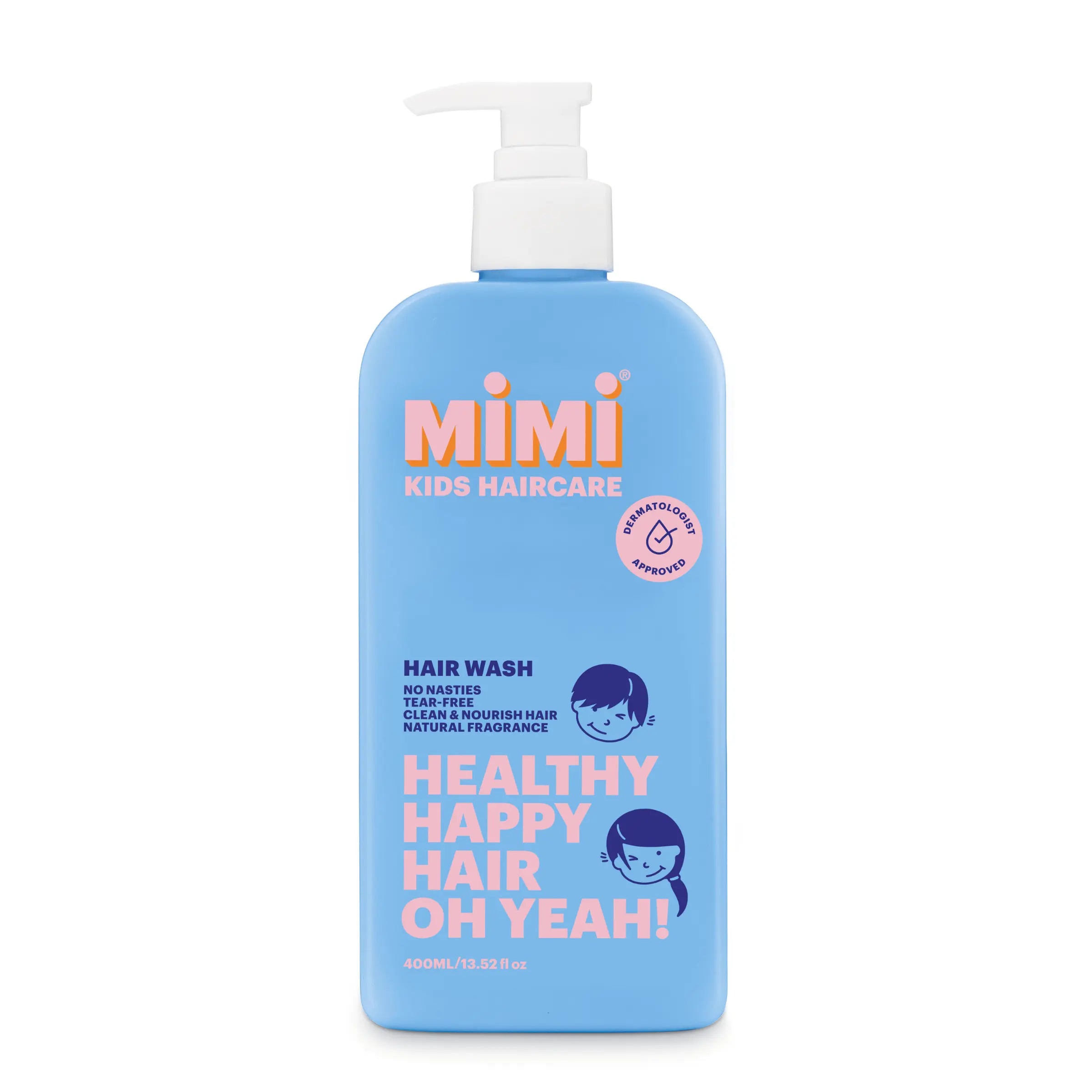 Blue bottle of Mimi Kids Haircare hair wash on a white background