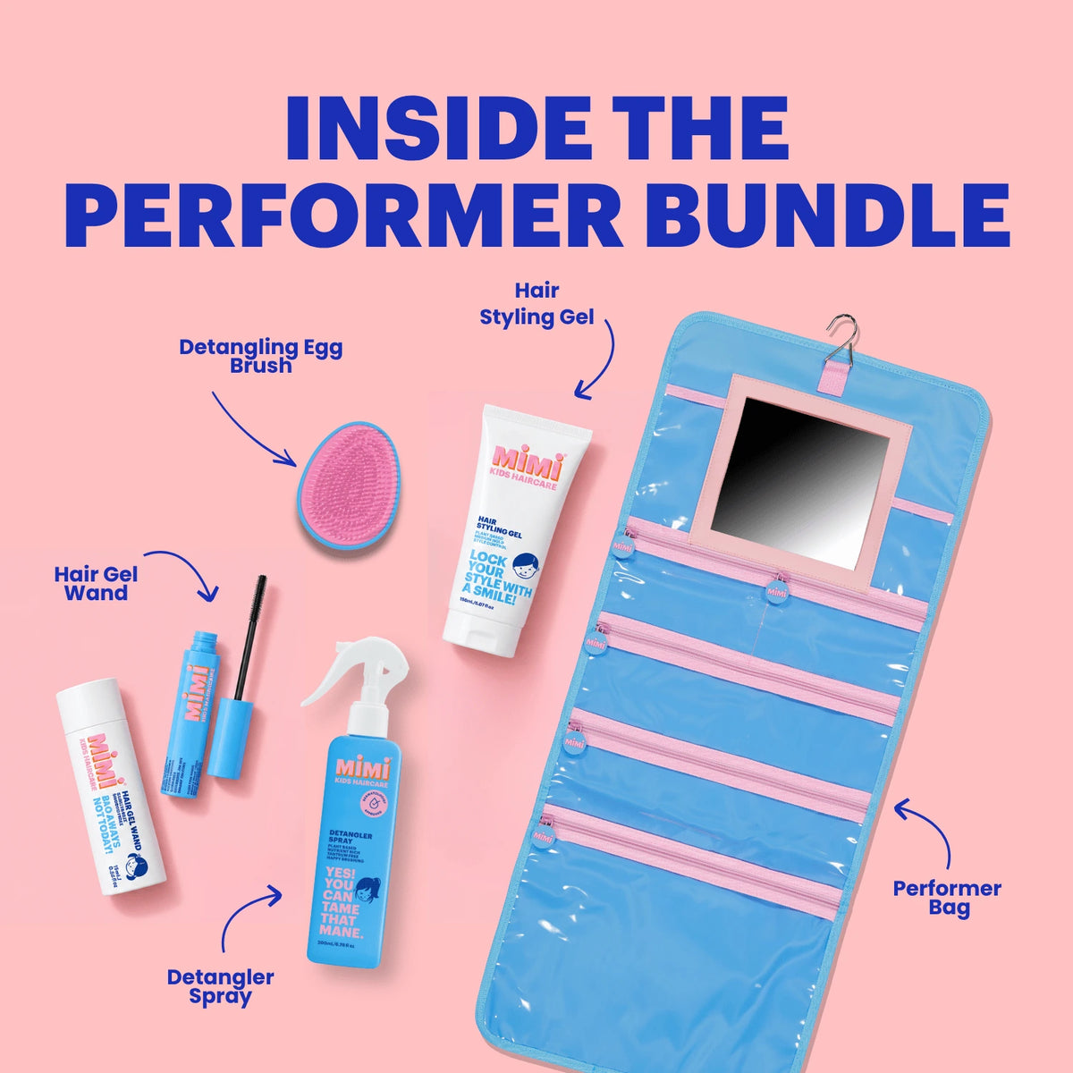 An inside-the-performer-bundle hair styling kit arranged on a pink background, featuring a blue performer bag with a mirror, hair gel wand, hair gel tube, detangling egg brush, detangling spray bottle, and two Mimi-branded bottles. Large text at the top reads 'INSIDE THE PERFORMER BUNDLE' with callout arrows to each item.