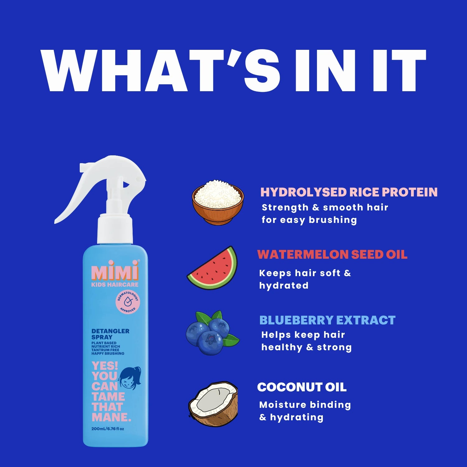 A promotional graphic for Mimi Kids hair detangler Spray on a solid blue background. The light blue spray bottle is shown on the left, and on the right are ingredient callouts with small icons: hydrolysed rice protein, watermelon seed oil, blueberry extract, and coconut oil.