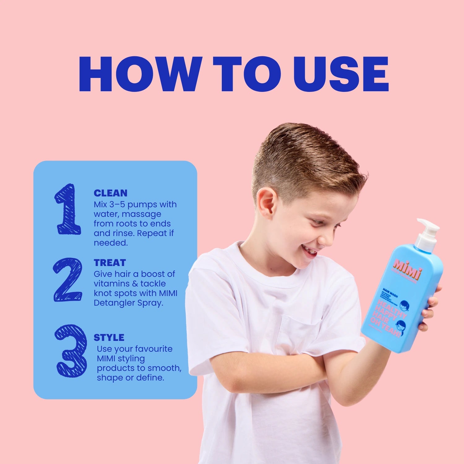 A boy holding a blue MIMI Detangler Spray bottle against a pink background, with a blue 'HOW TO USE' panel showing three steps: Clean, Treat, and Style.
