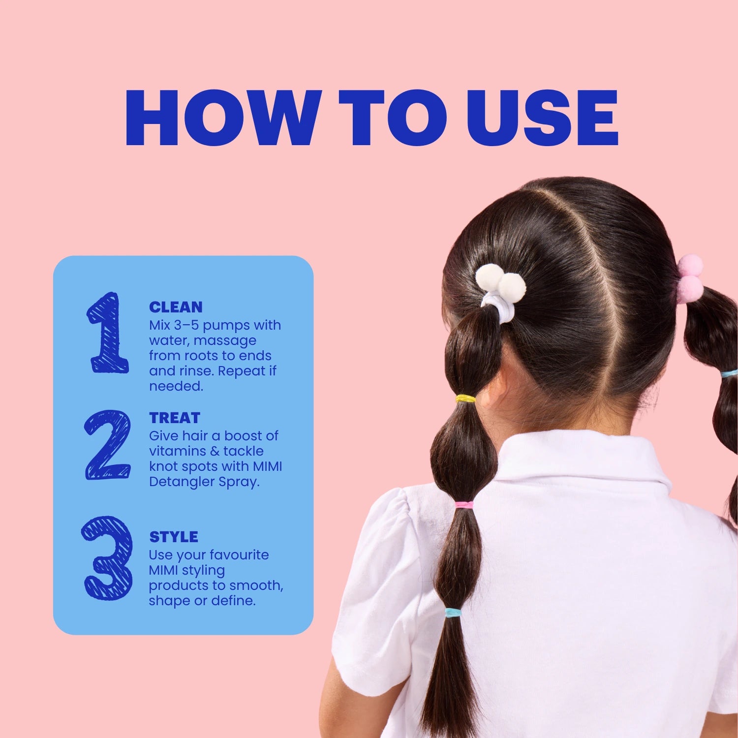 Instructional graphic showing how to use MIMI Detangler Spray, with a child from behind wearing a white shirt and styled dark brown pigtails on a pink background. The left side features a blue panel with three numbered steps: Clean, Treat, and Style.