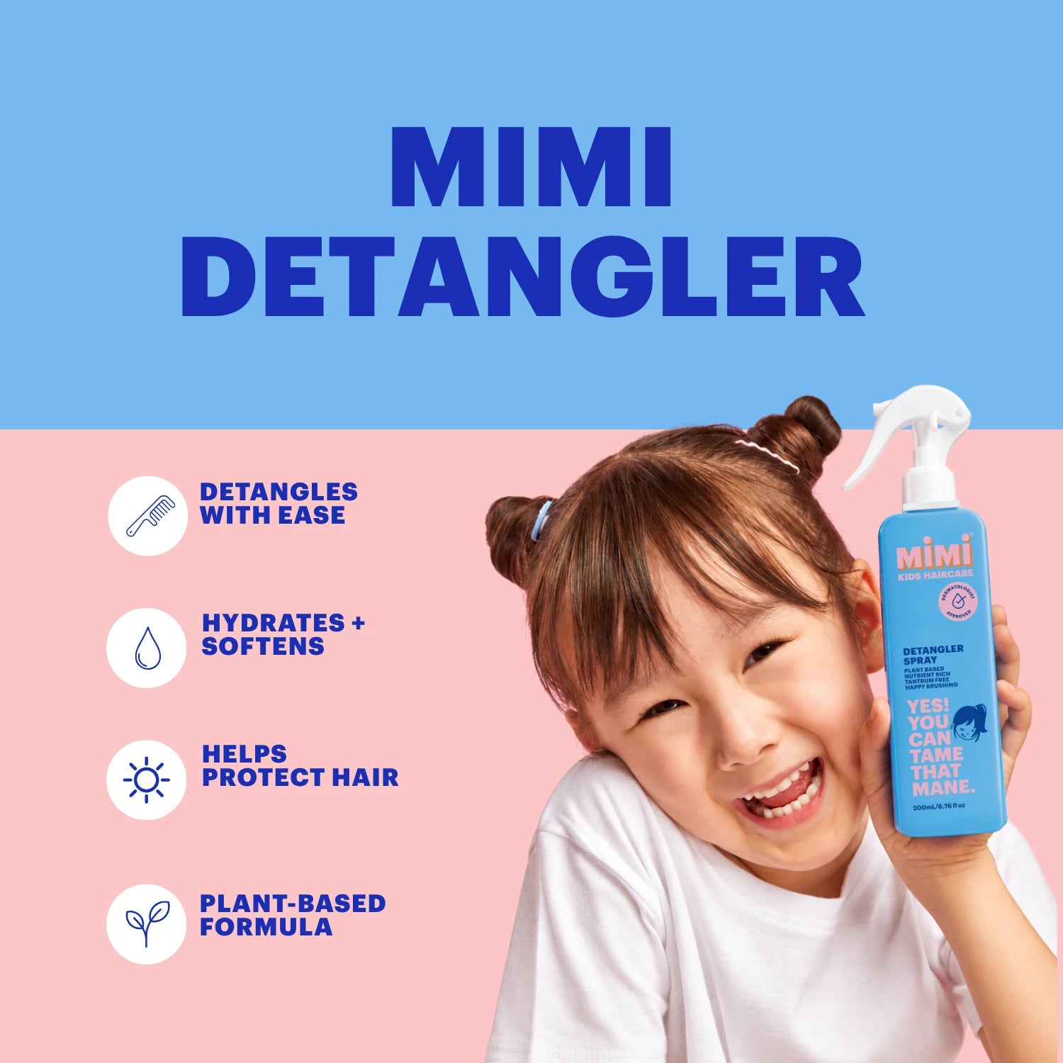 A smiling young girl with buns holds up a blue spray bottle labeled 'mimi DETANGLER' against a pink and blue graphic background with product benefits listed on the left.
