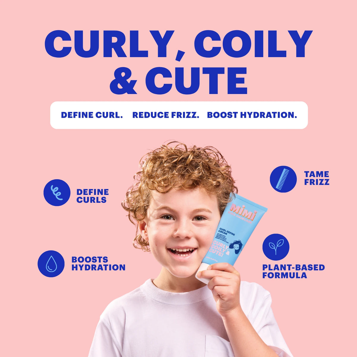 Smiling child with curly hair holding MIMI Kids Curl-Define Cream, highlighting curl definition, frizz control, hydration and plant-based ingredients.