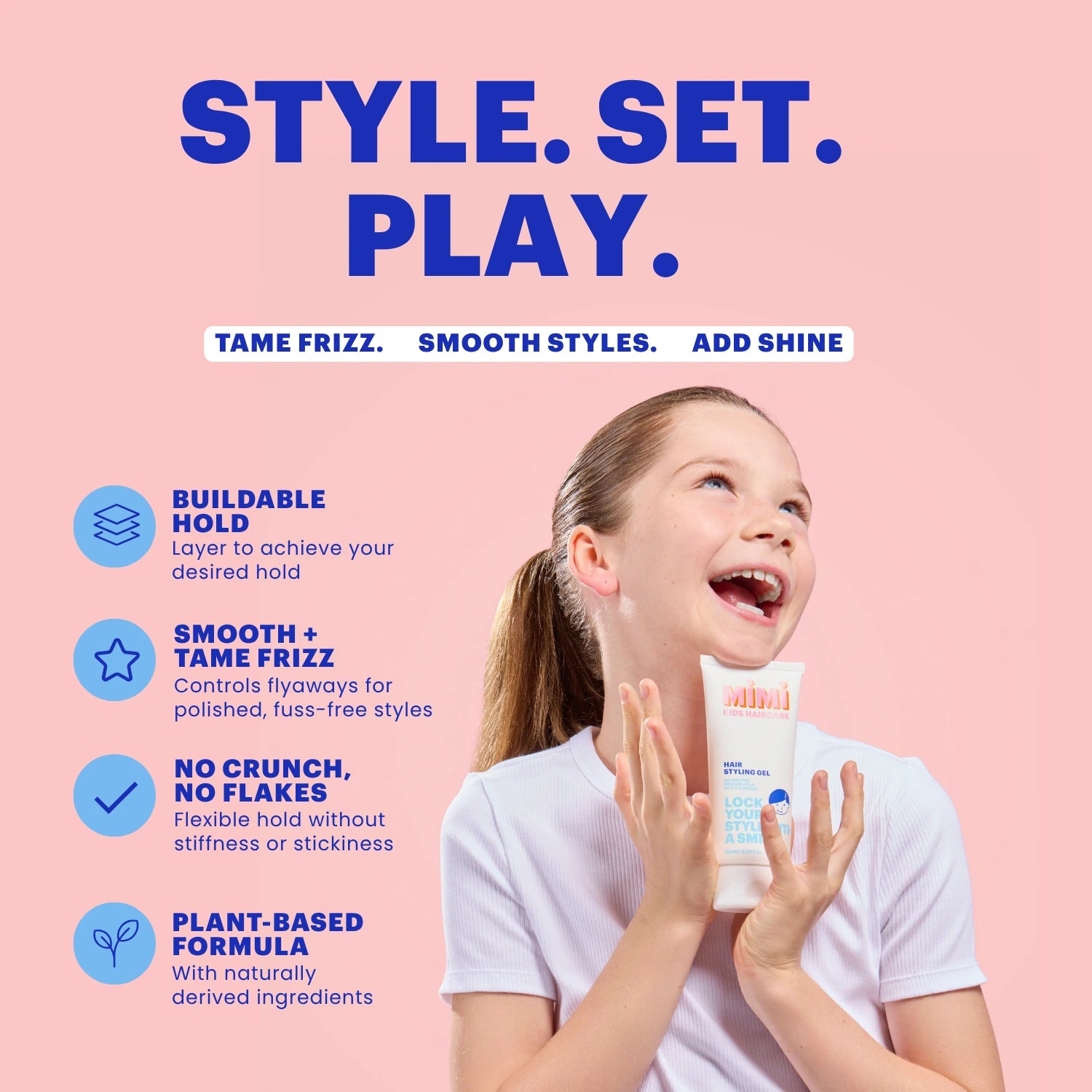 A promotional graphic for a fly-tying grip product. A young girl with a ponytail is shown on the right, smiling and holding a white squeeze tube of the product.