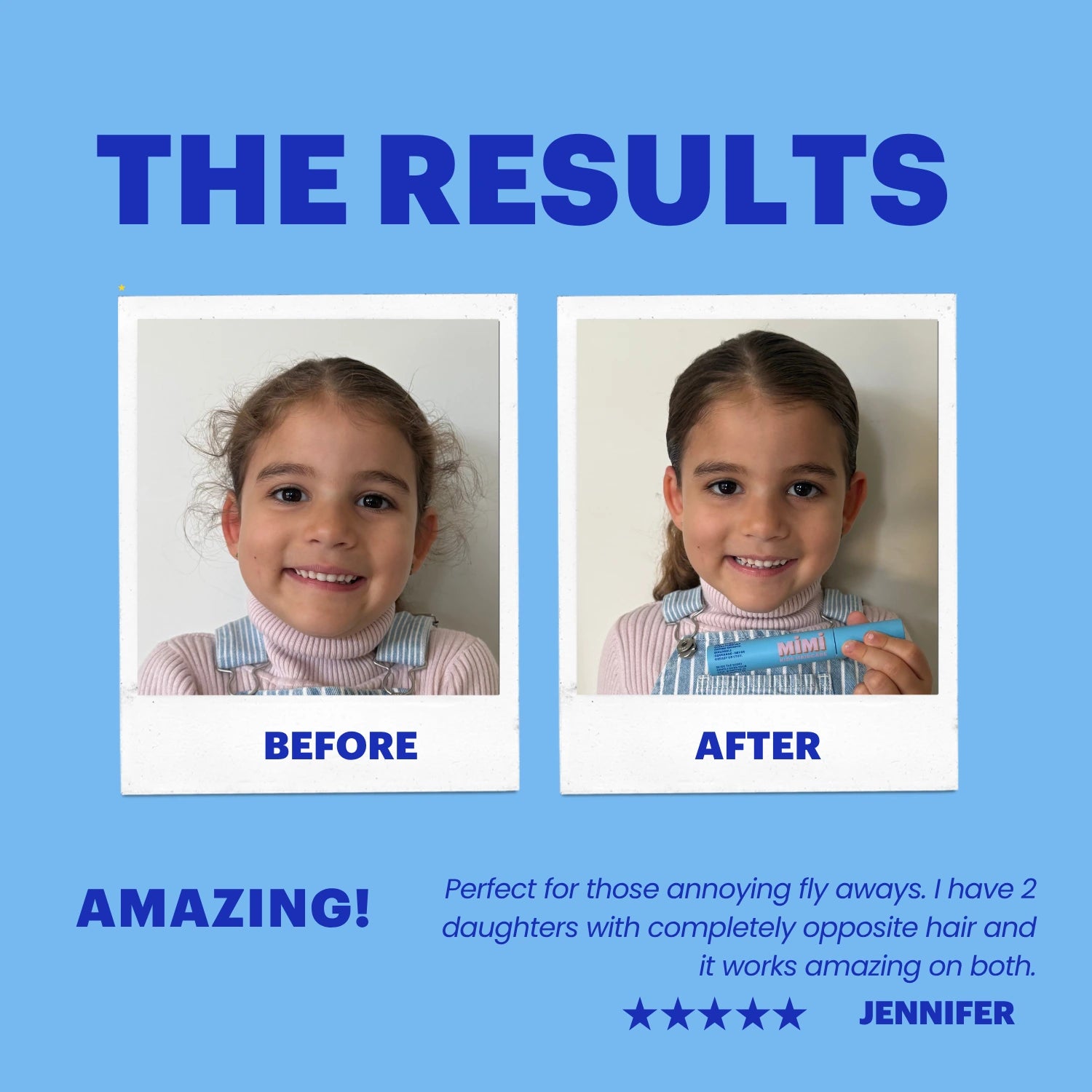 A promotional before-and-after comparison graphic for a hair product. The top reads 'THE RESULTS' on a light blue background.