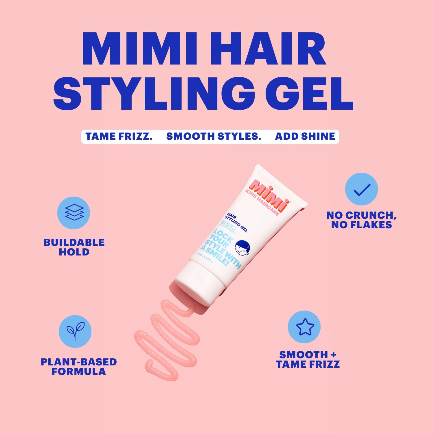 Mimi Hair Styling Gel in a white squeeze tube with blue and red text, shown on a pink background with marketing text and icons highlighting its benefits.