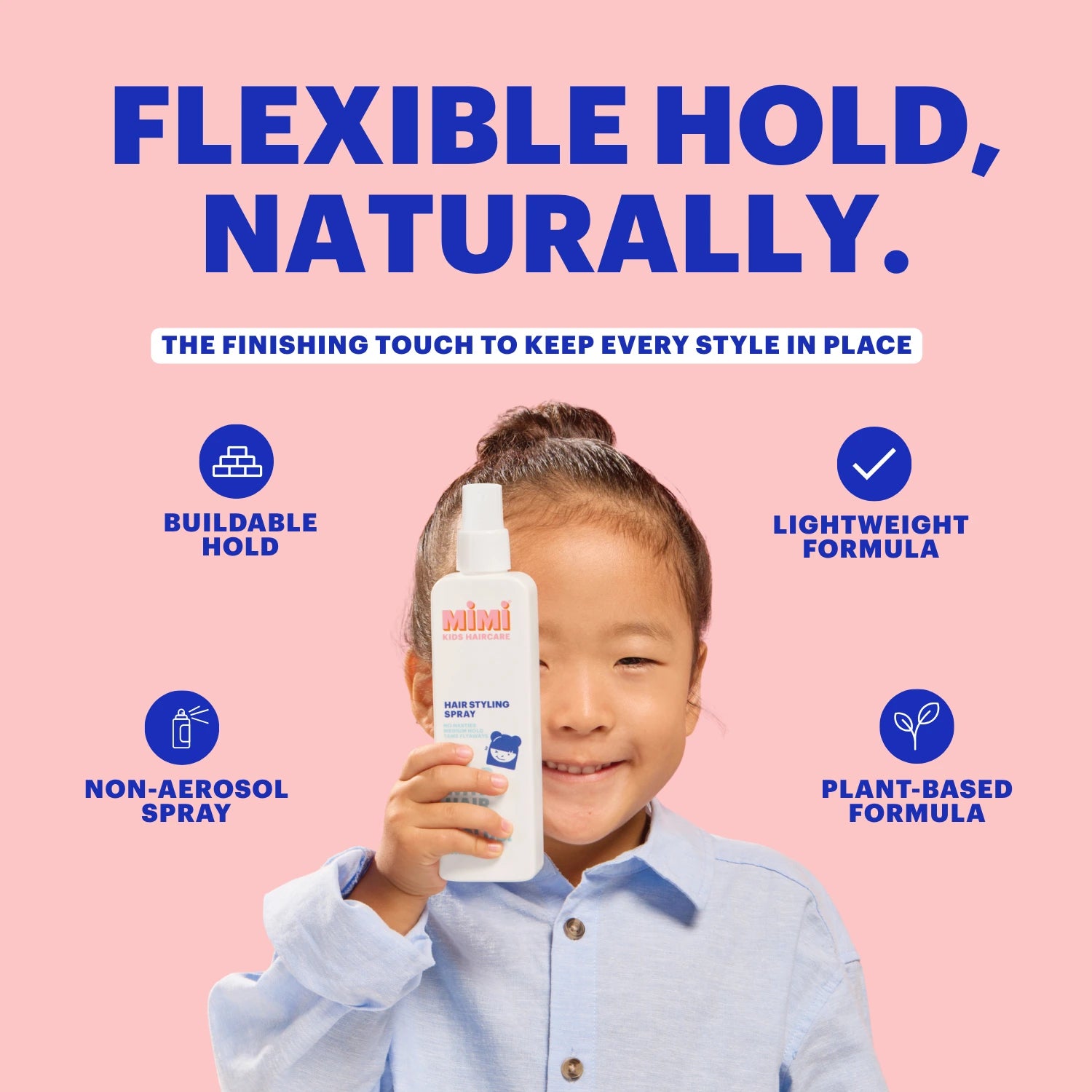 Young child holding MIMI Kids non-aerosol Hair Styling Spray, highlighting lightweight, buildable hold and plant-based ingredients.