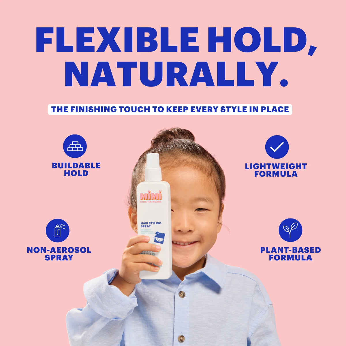 Young child holding MIMI Kids non-aerosol Hair Styling Spray, highlighting lightweight, buildable hold and plant-based ingredients.