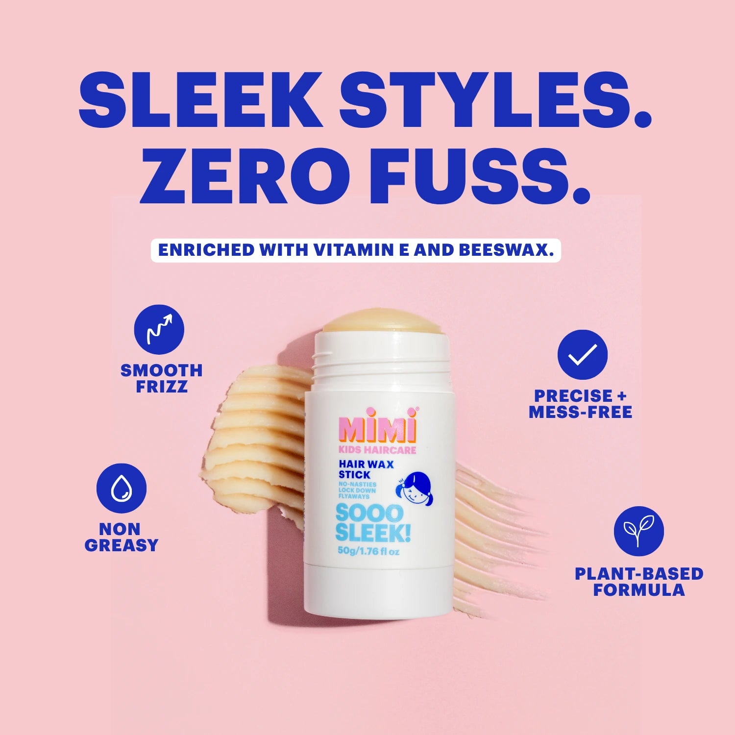 MIMI Kids Hair Wax Stick shown with product texture, highlighting non-greasy styling, smooth flyaways, precise application and plant-based ingredients.