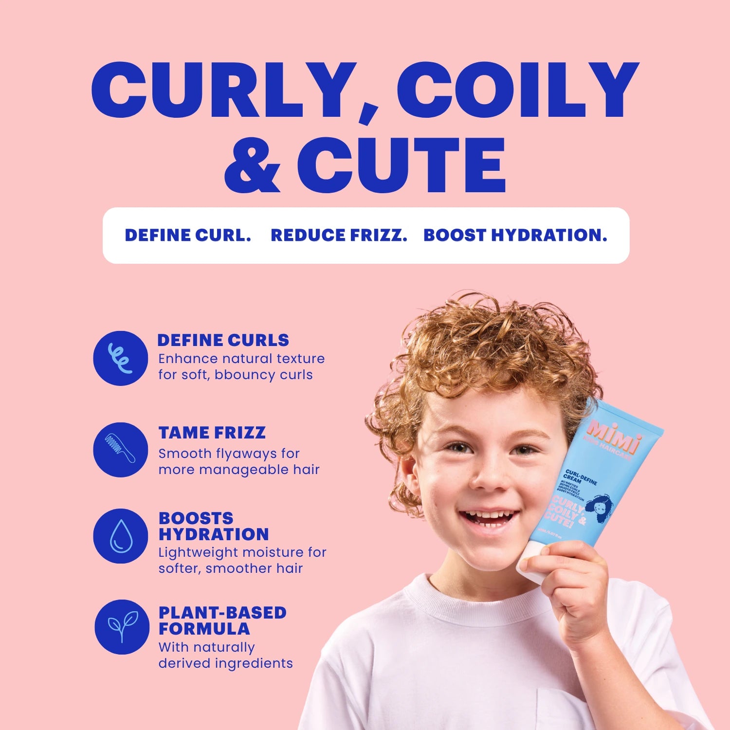 A smiling child with curly hair holds a tube of curl definition product against a pink promotional background with large blue text reading 'CURLY, COILY & CUTE' and feature callouts.
