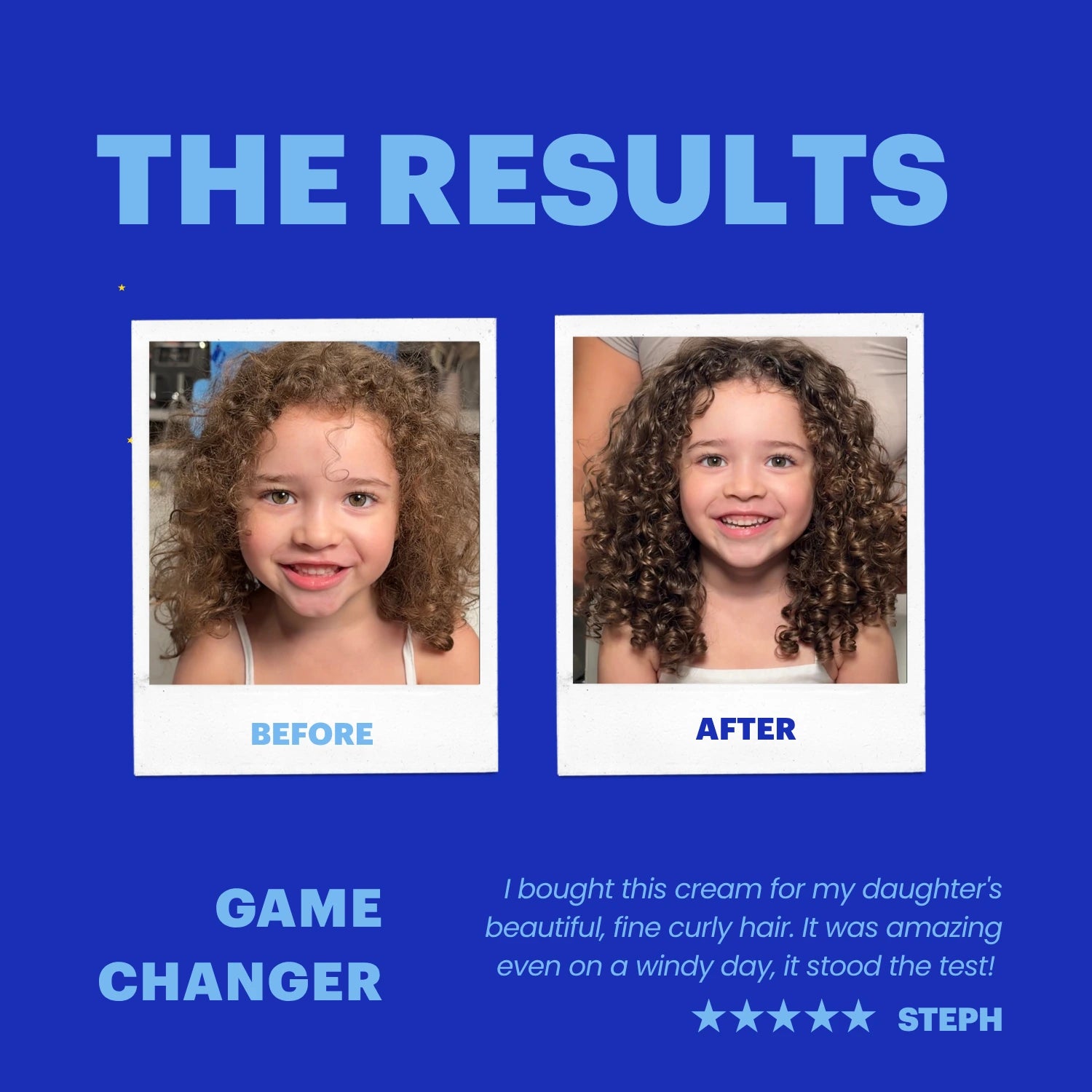 A blue promotional graphic with before-and-after hair results for a child. Two polaroid-style photos show the same girl with curly hair, labeled BEFORE and AFTER, with the headline 'THE RESULTS' at the top and a testimonial quote below.