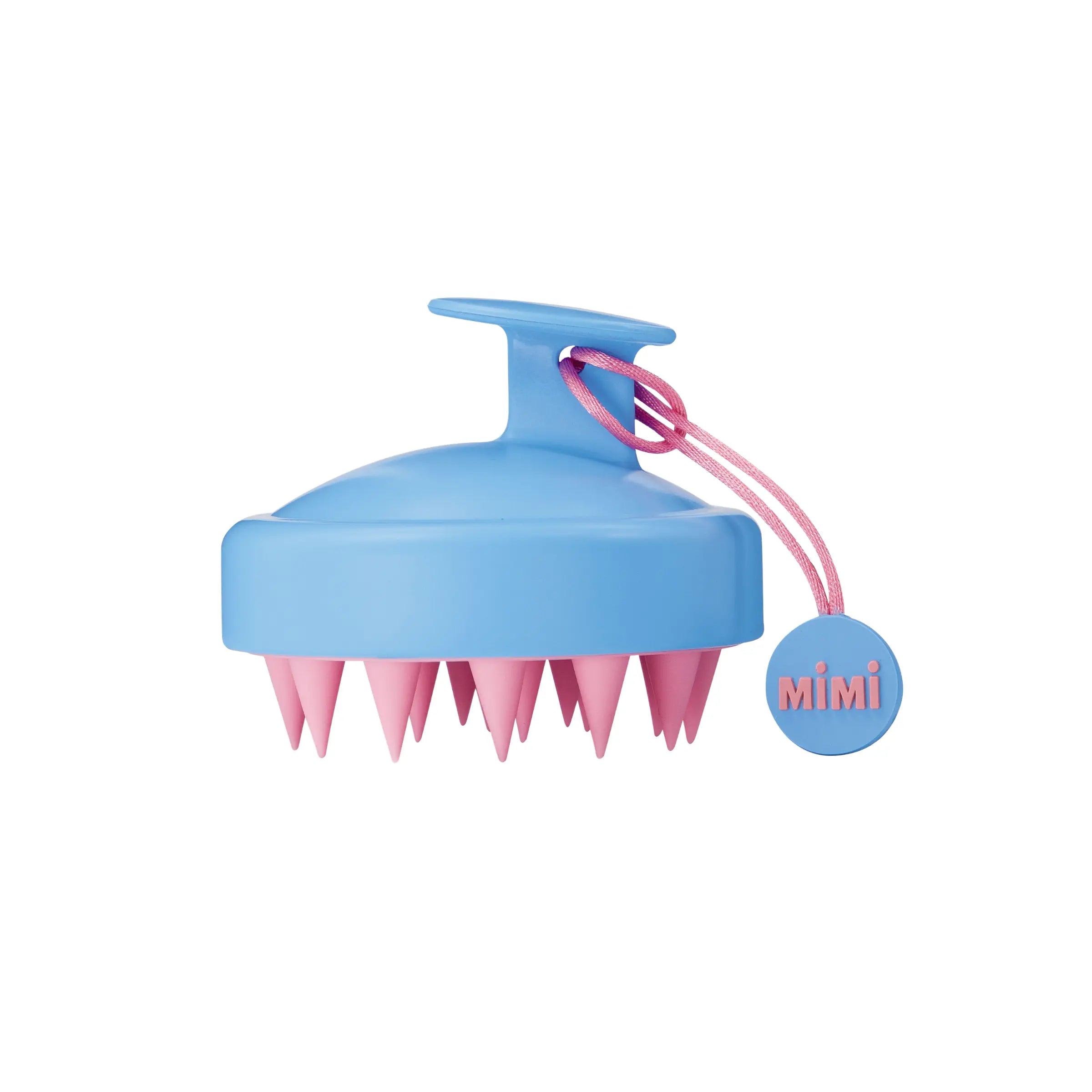 Blue and pink scalp massager with 'mimi' branding on a white background