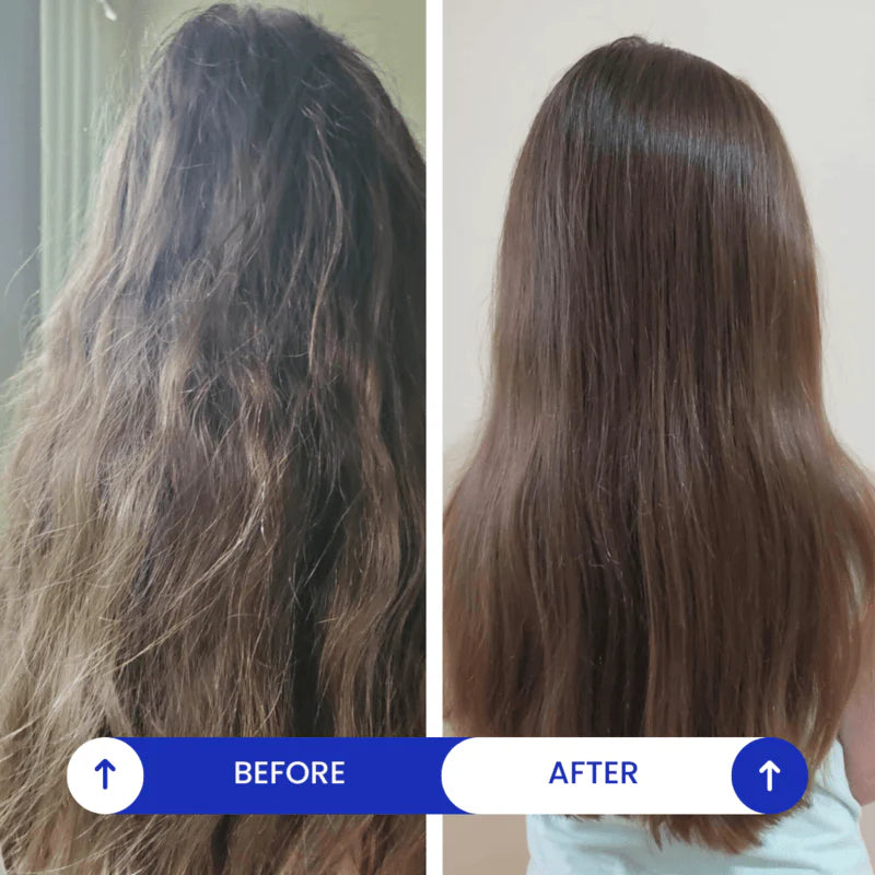 Before and after comparison of hair treatment showing a kid with frizzy hair on the left and smooth, styled hair on the right.