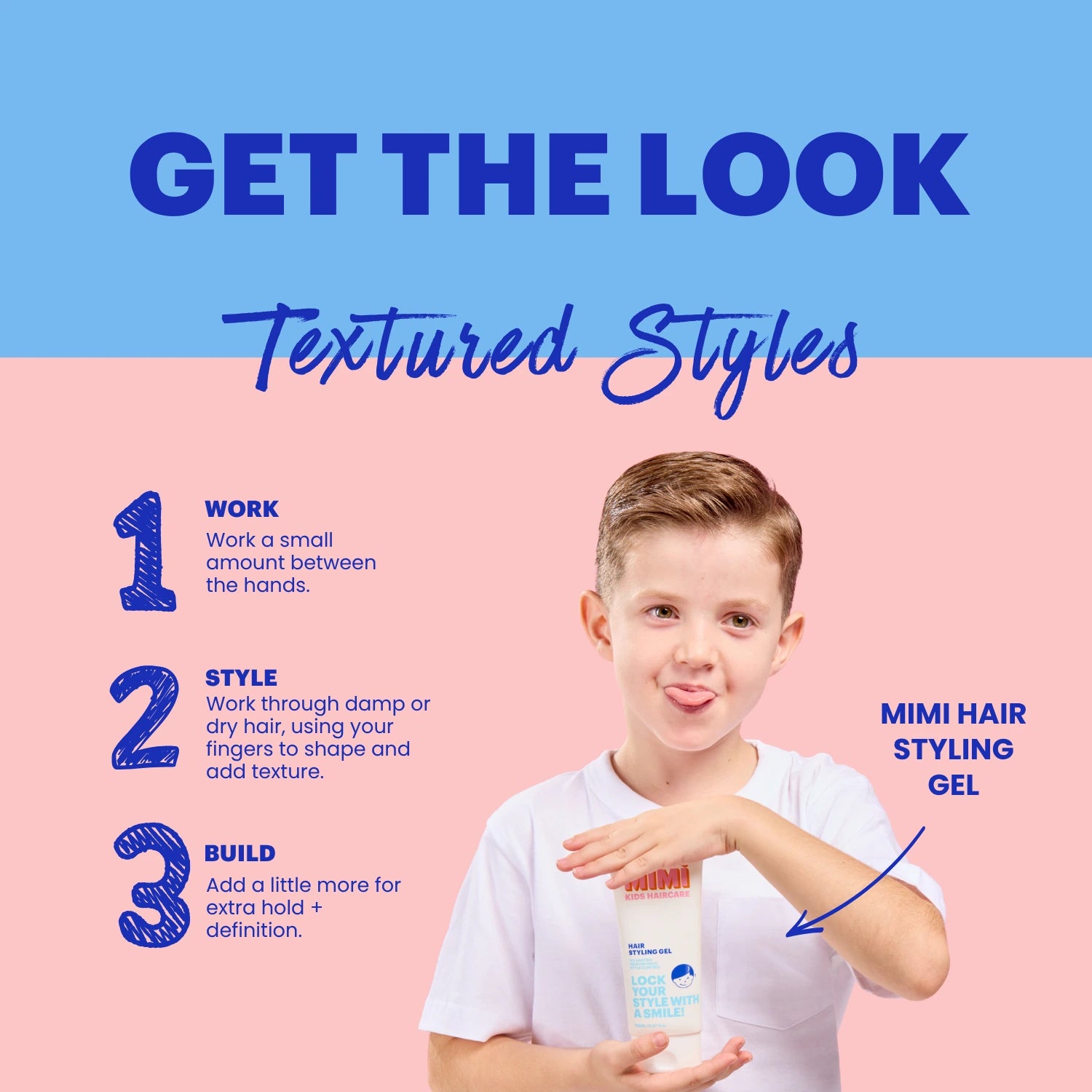 Promotional graphic for Mimi Hair Styling Gel showing a young boy demonstrating how to create textured styles with hair product, set against a split blue and pink background with step-by-step instructions.