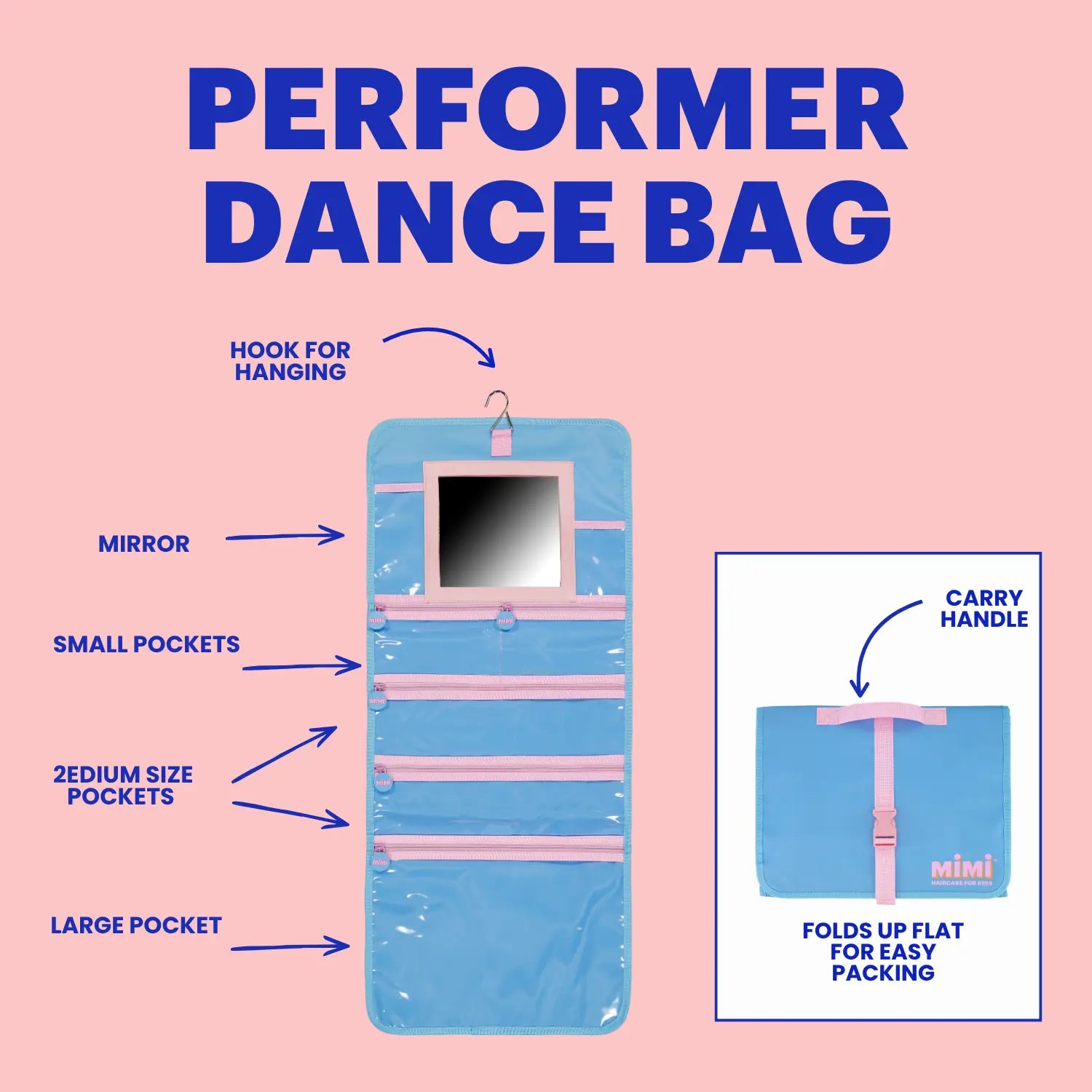 A light blue performer dance bag with pink trim and a mirror, shown on a pink background with labeled features including mirror, small pockets, medium size pockets, large pocket, hook for hanging, and carry handle. A smaller inset shows the bag folding flat for packing.