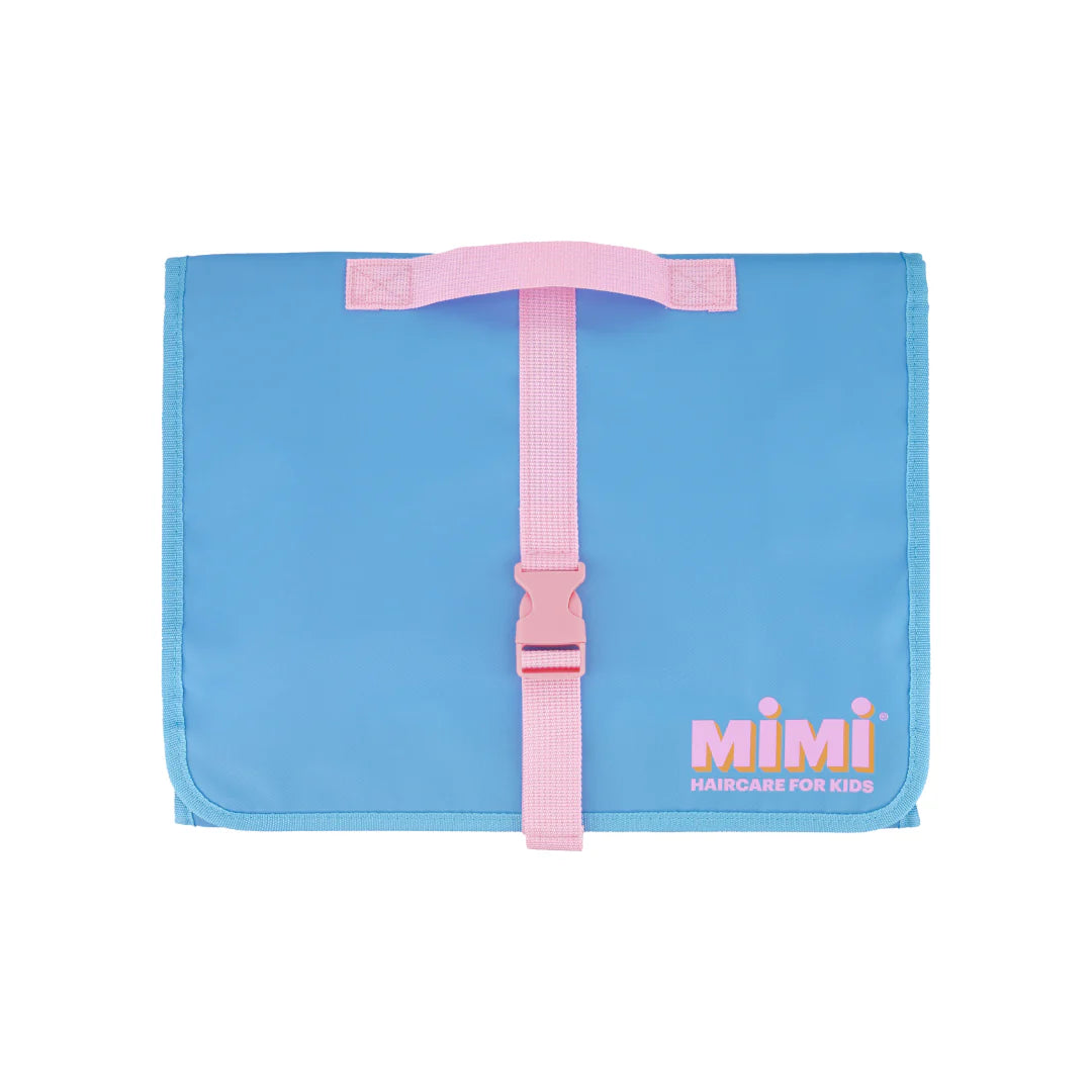 Blue cosmetics dancer bag with pink strap and 'MIMI' branding on a white background