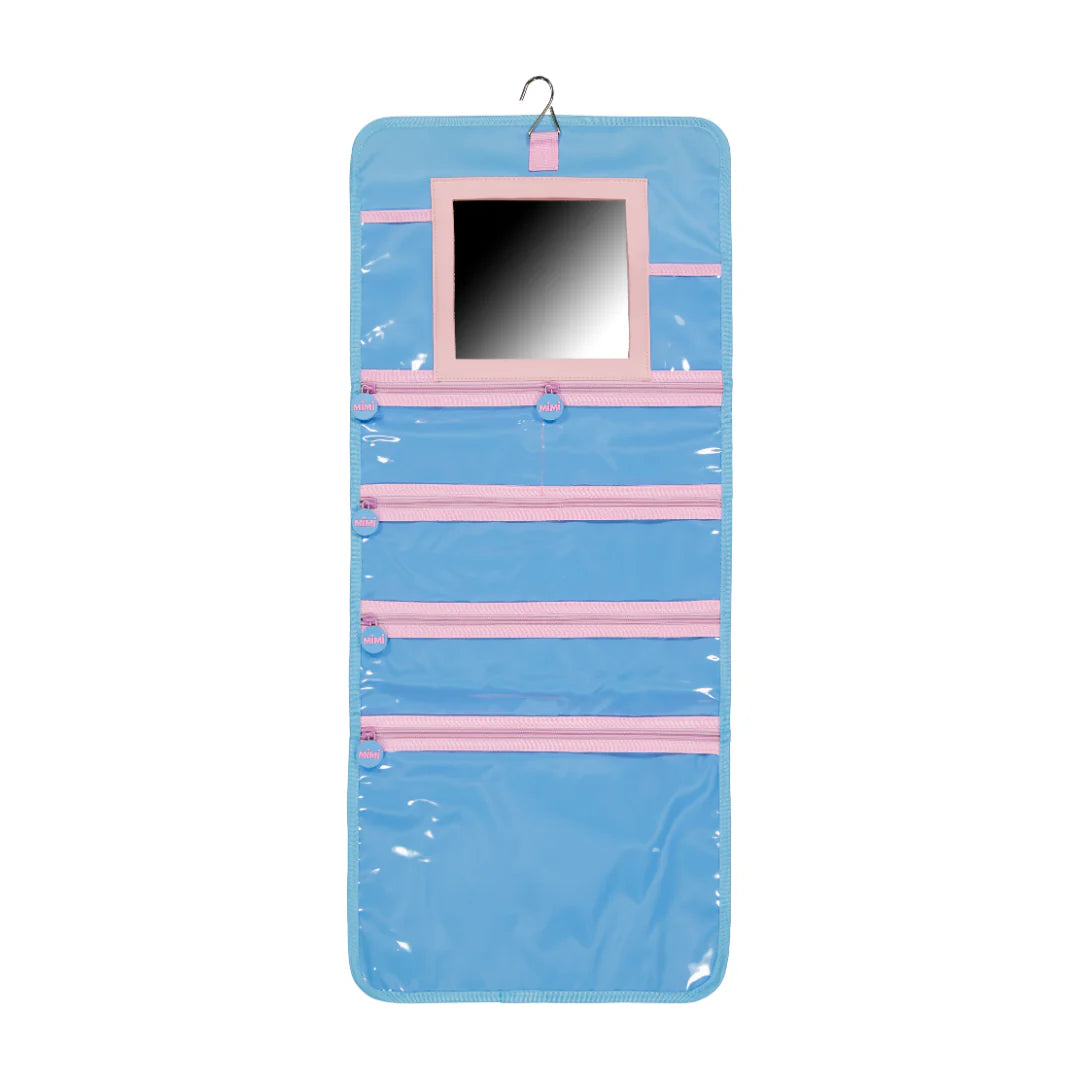 Blue hanging haircare organizer with a mirror on a white background