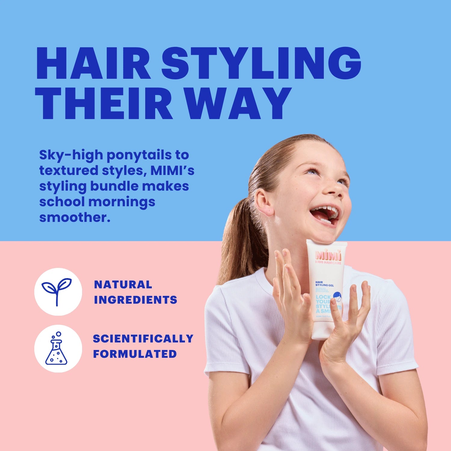 A promotional graphic for MIMI hair styling product. A young girl with a ponytail is shown smiling and holding a white tube of MIMI hair product.