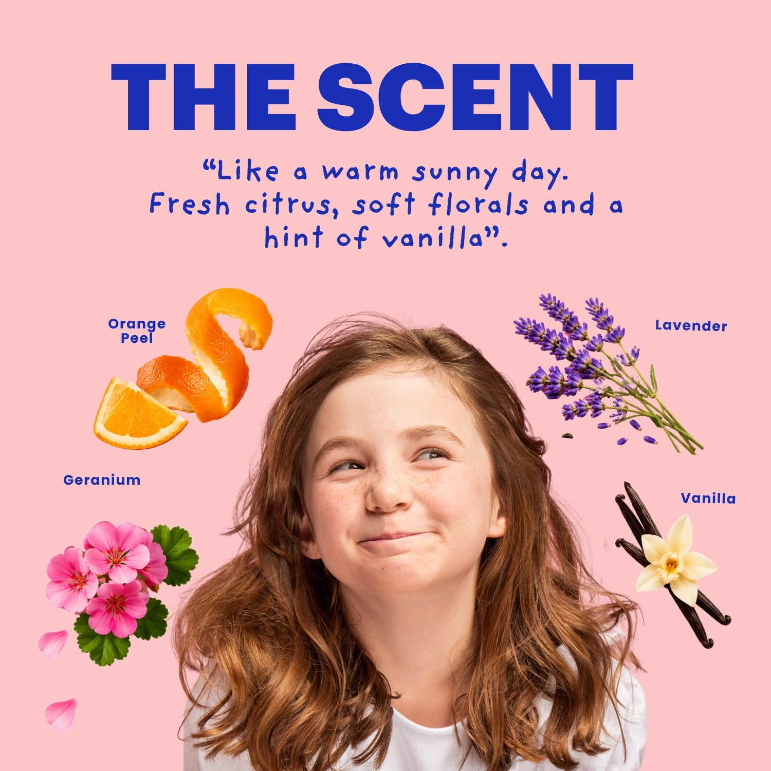 A girl with wavy light brown hair looks upward with a happy expression on a pink background. The image is a fragrance marketing graphic with the headline 'THE SCENT' and a scent description, plus illustrated ingredient cues for orange peel, lavender, geranium, and vanilla.