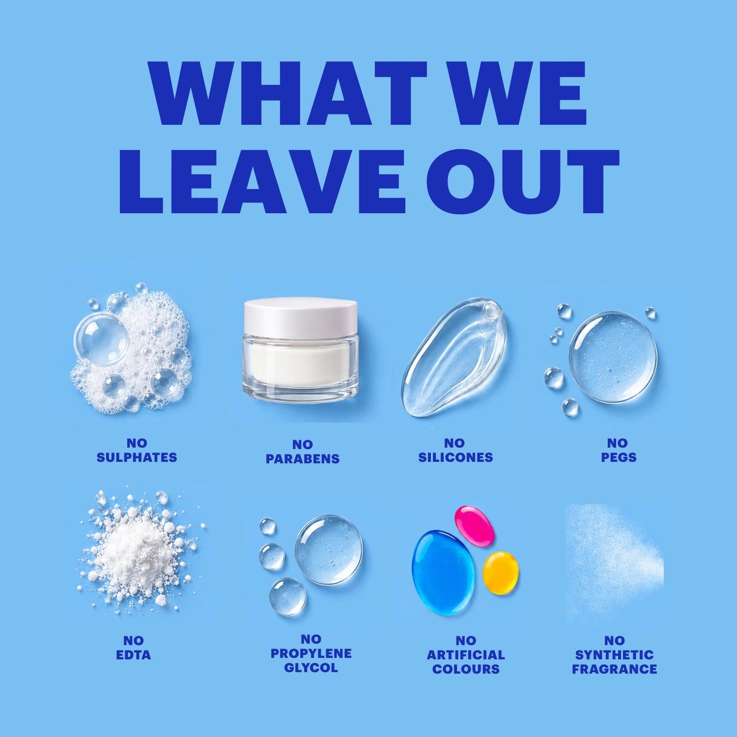 A blue promotional graphic with the headline 'WHAT WE LEAVE OUT' and icons/text listing ingredients not included: no sulphates, no parabens, no silicones, no pegs, no EDTA, no propylene glycol, no artificial colours, and no synthetic fragrance.